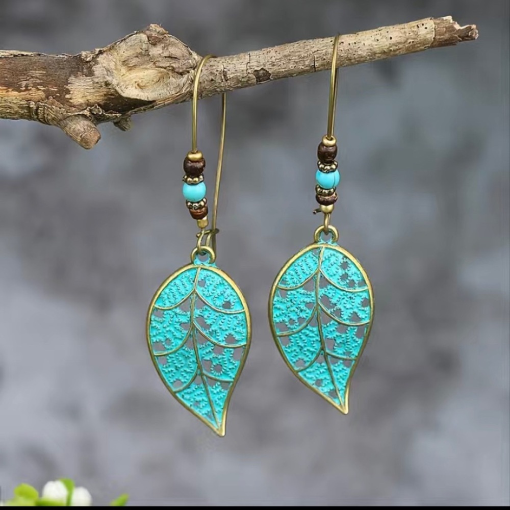 Retro style antique bronze leaf‎ pendant earrings